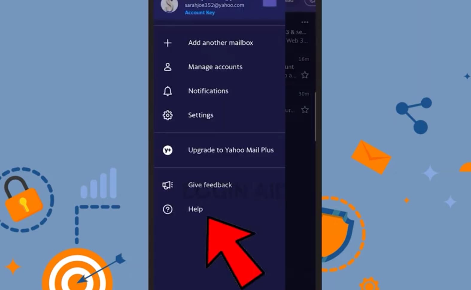 Yahoo account interface with red arrow