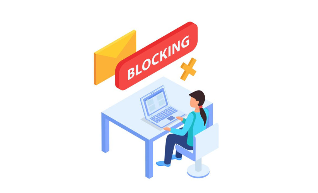 An isometric illustration of a person at a computer with a "Blocking" sign