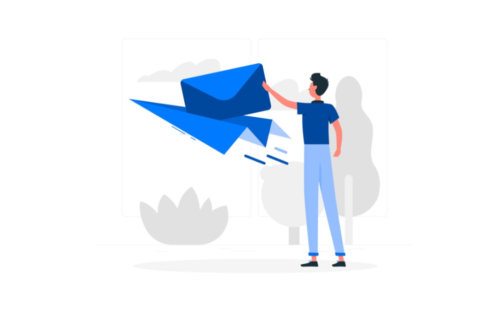 Illustration of a person with a giant paper airplane symbolizing sent mail